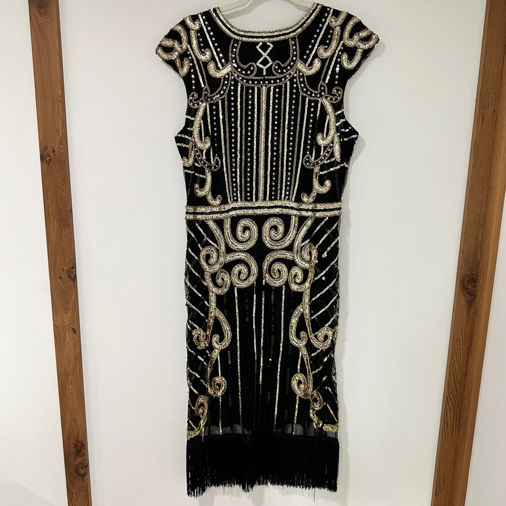 Black Gold Sequin Flapper Dress Fringe Hem Great Gatsby Party 1920s Style Size M